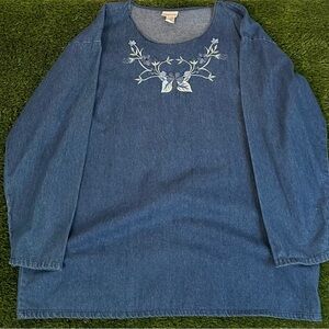 Floral Embroidered Bobbie Brooks 100% Breathable Cotton Denim Shirt Size XL